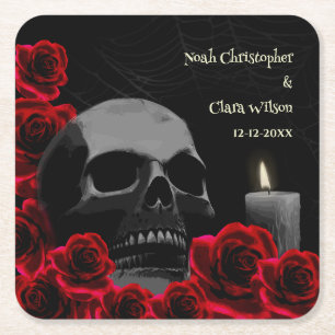 Gothic Scary Skull and Red Roses Halloween Square Paper Coaster
