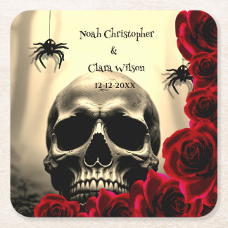 Gothic Scary Skull Black Red Roses Halloween Square Paper Coaster