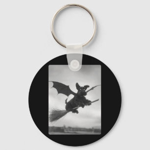 Gothic Schnauzer Witch Broom Bat Wings Spooky Key Ring