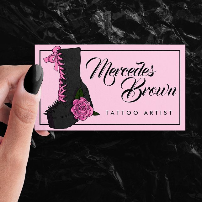 Gothic Script Boot Pink Tattoo Artist Business Card (Gothic Script Boot Pink Tattoo Artist Business Card)