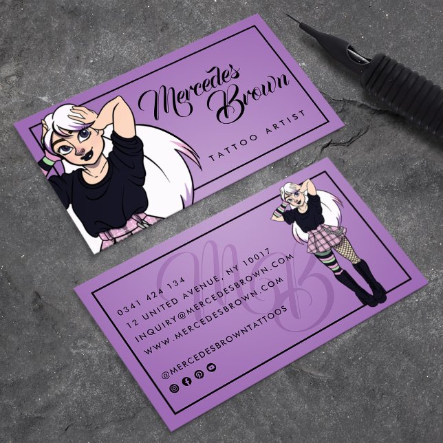 Gothic Script Cartoon Girl Purple Tattoo Artist Business Card (Gothic Script Cartoon Girl Purple Tattoo Artist Business Card)