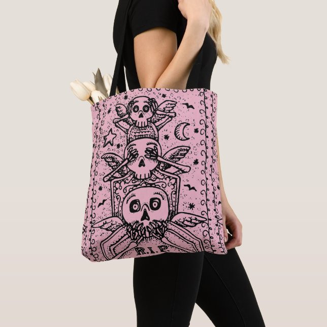 GOTHIC SEE NO EVIL CEMETERY SKELETON TOTE BAG pink (Close Up)