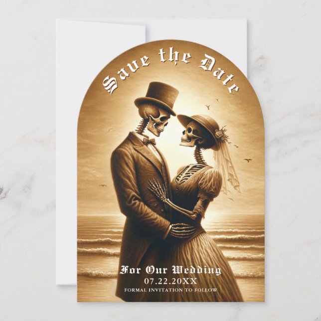 Gothic Sepia Skeleton Couple Wedding Save the Date (Front)