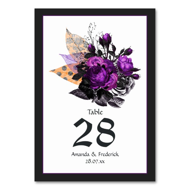 Gothic Shabby-Chic Black, Purple & Orange Wedding Table Number (Front)