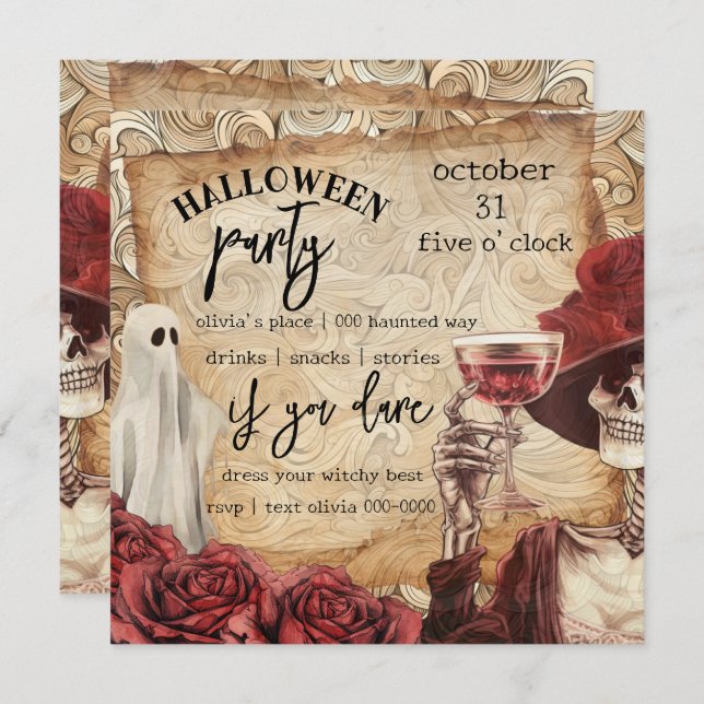 Gothic Skeleton and Ghost Victorian Halloween  Invitation (Front/Back)