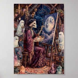 Gothic Skeleton Artist Painting Moon Ghost Art Poster
