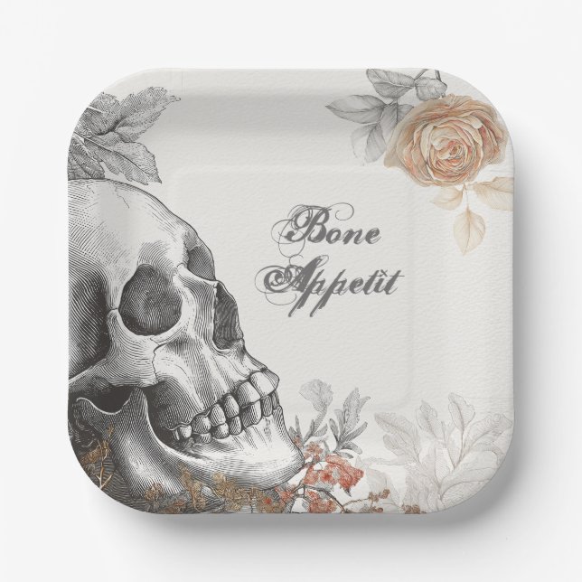 Gothic Skeleton Bone Appetit Halloween Paper Plate (Front)