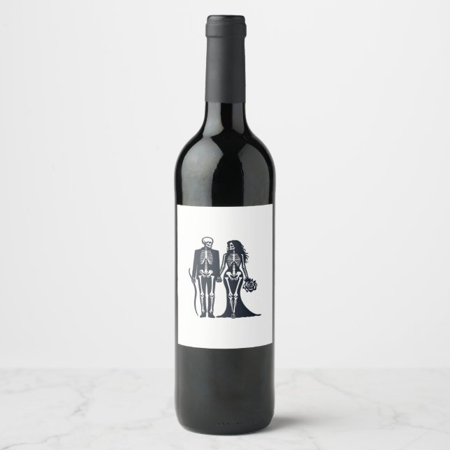 Gothic Skeleton Bride & Groom – Till Death Do Us P Wine Label (Front)
