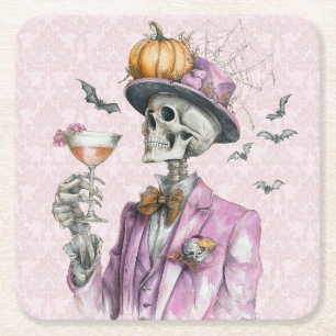 Gothic Skeleton Cocktail Party Halloween Square Paper Coaster