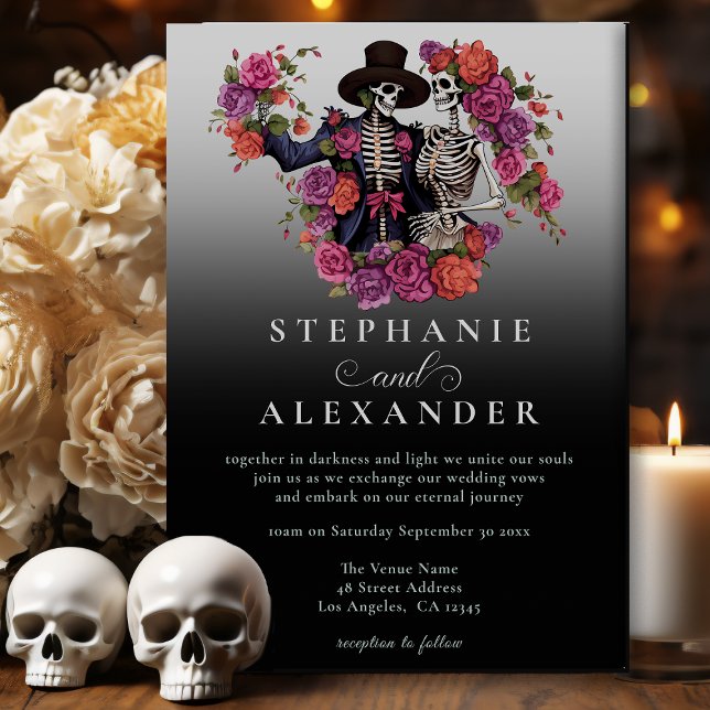 Gothic Skeleton Couple Black Flower Wedding Invitation (Creator Uploaded)