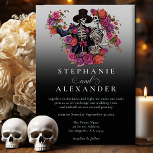 Gothic Skeleton Couple Black Flower Wedding Invitation