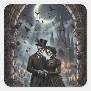 Gothic Skeleton Couple Dark Romance Roses Square Sticker