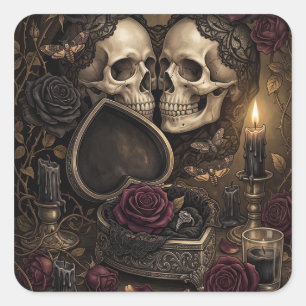 Gothic Skeleton Couple Dark Romance Victorian Rose Square Sticker