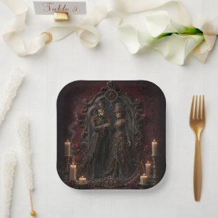 Gothic Skeleton Couple Halloween Party Plate