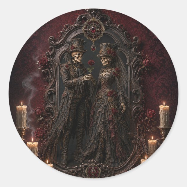 Gothic Skeleton Couple Halloween Round Sticker (Front)