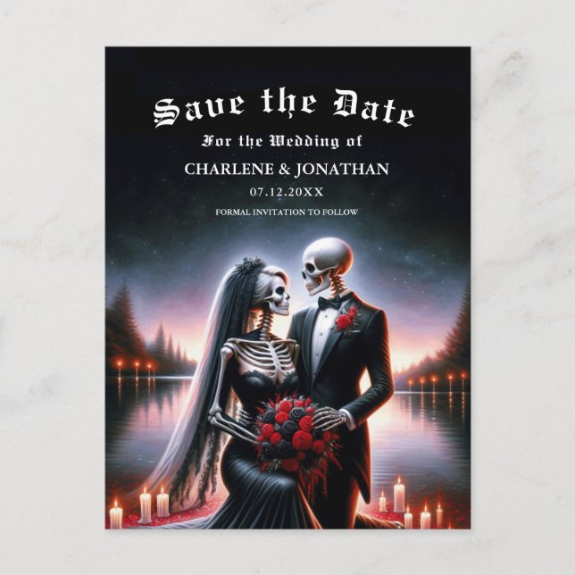 Gothic Skeleton Couple Navy Save the Date Announcement Postcard (Front)