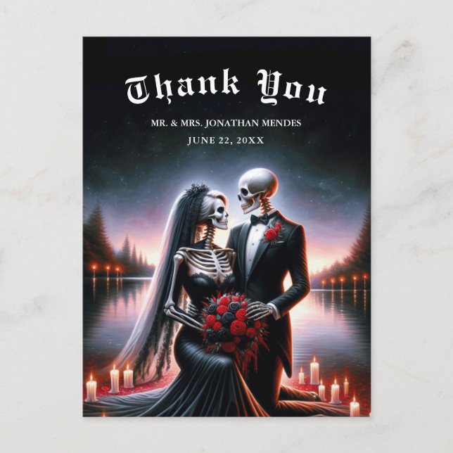 Gothic Skeleton Couple Navy Wedding Thank You Postcard (Front)
