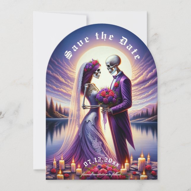 Gothic Skeleton Couple Red Roses Save the Date (Front)