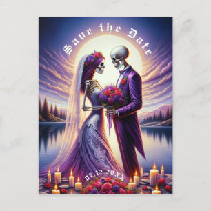 Gothic Skeleton Couple Red Roses Save the Date Announcement Postcard
