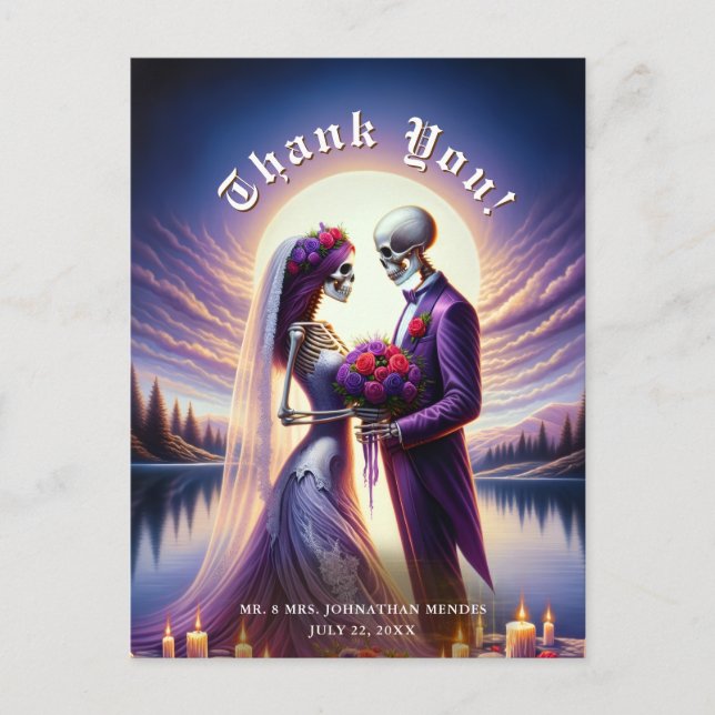 Gothic Skeleton Couple Red Roses Wedding Thank You Postcard (Front)