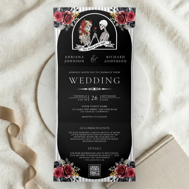 Gothic Skeleton Couple Roses Black QR Code Wedding Tri-Fold Invitation (Creator Uploaded)