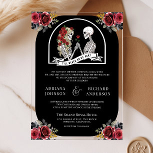 Gothic Skeleton Couple Roses Black Wedding Acrylic Invitations