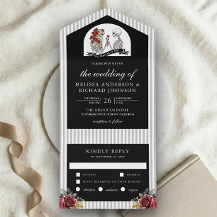 Gothic Skeleton Couple Roses Black Wedding All In One Invitation