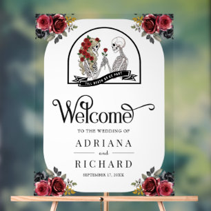 Gothic Skeleton Couple Roses Wedding Welcome Acrylic Sign