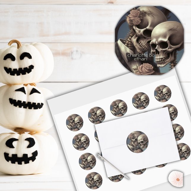 Gothic Skeleton Couple Wedding Details Classic Round Sticker (Creator Uploaded)