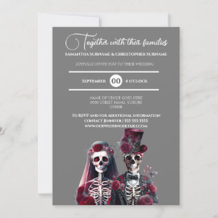 Gothic skeleton dead bride groom burgundy grey  invitation