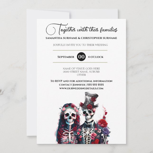 Gothic skeleton dead bride groom red white invitation (Front)