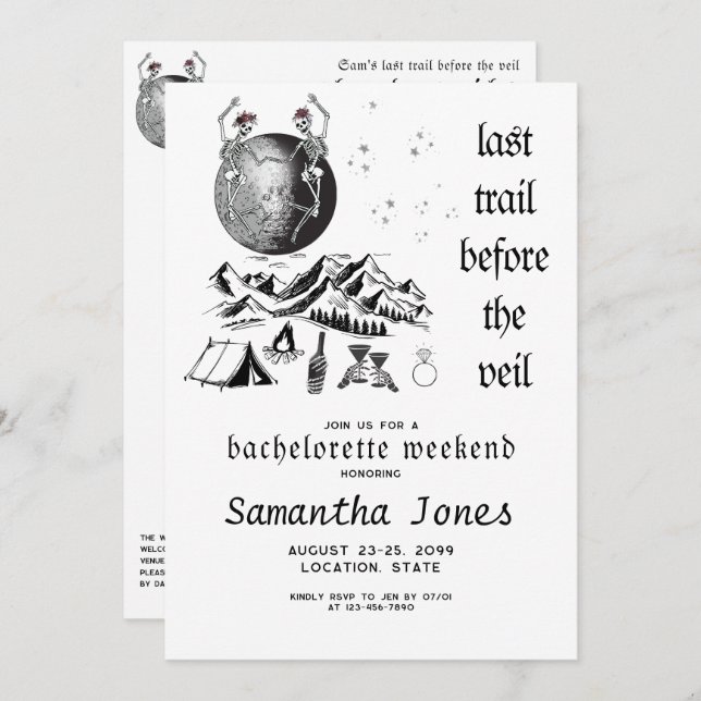 Gothic Skeleton Full Moon Last Trail Bachelorette Invitation (Front/Back)