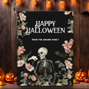 Gothic Skeleton Garden Pink Floral Happy Halloween Postcard