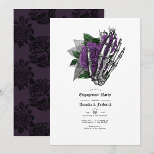 Gothic Skeleton Hand and Purple Rose Engagement Invitation