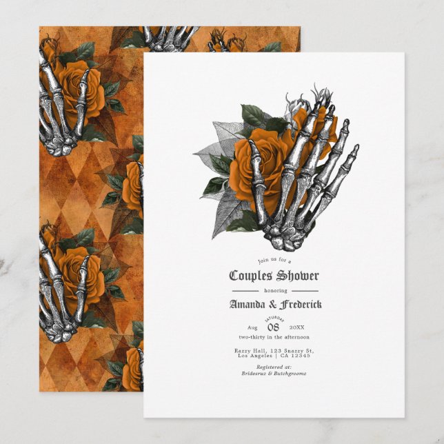 Gothic Skeleton Hand & Orange Rose Couples Shower Invitation (Front/Back)