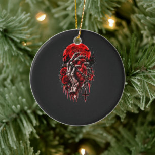 Gothic Skeleton Hands Red Roses Halloween Horror D Ceramic Ornament