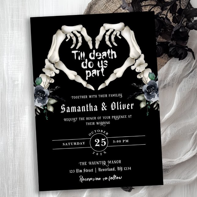 Gothic Skeleton Heart Till Death Do Black Wedding Invitation (Creator Uploaded)