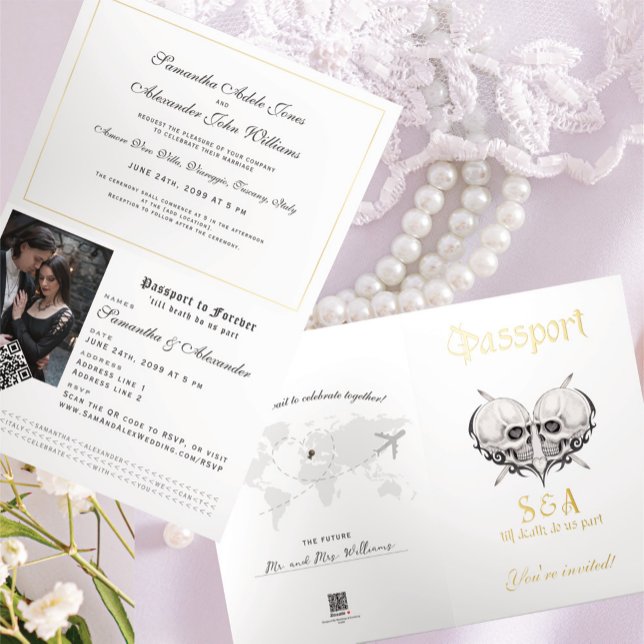 Gothic Skeleton Photo Passport Wedding Invitation (Luxury Gothic Skeleton Passport Wedding Invitation with RSVP QR Code and Wedding Website Address)