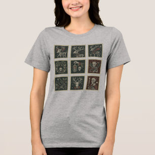 Gothic Skeleton Reindeer & Wreath Stamp Grid Women Tri-Blend Shirt
