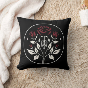Gothic Skeleton Rib Roses Black Elegant Wedding Cushion