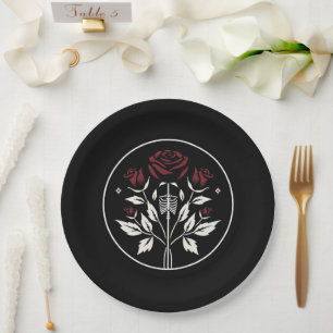 Gothic Skeleton Rib Roses Black Elegant Wedding Paper Plate