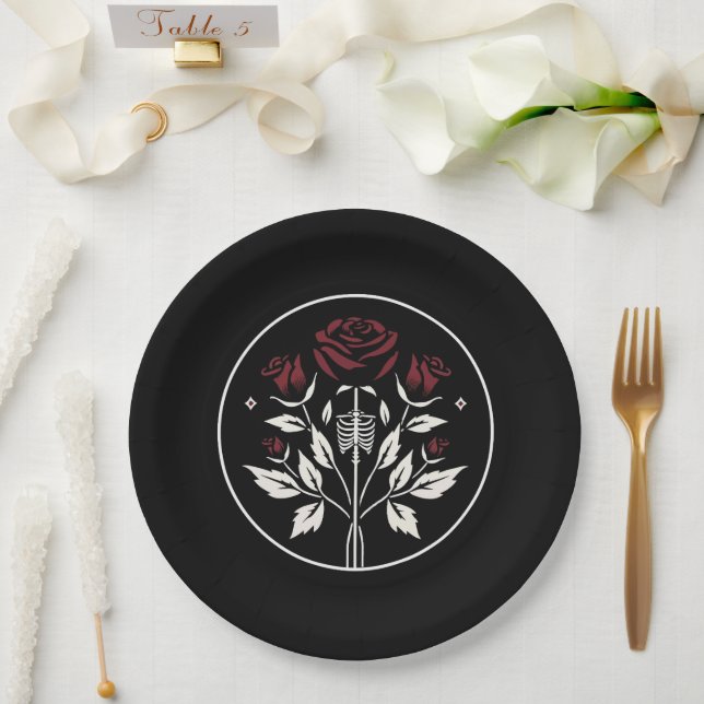 Gothic Skeleton Rib Roses Black Elegant Wedding  Paper Plate (Wedding)