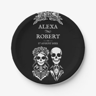 Gothic skeleton roses couple wedding paper plate