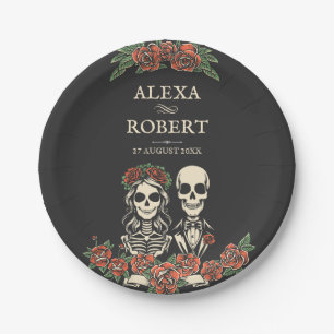 Gothic skeleton roses couple wedding paper plate