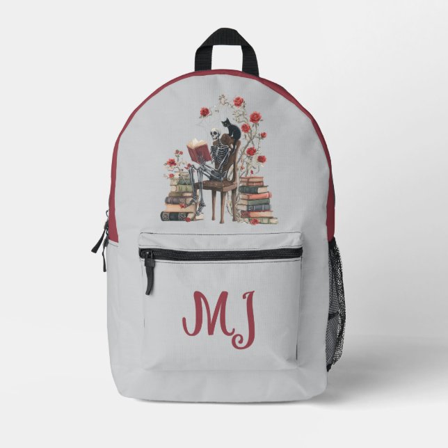 Gothic Skeleton Scholar Reading Book & Black Cat Printed Backpack (Front)