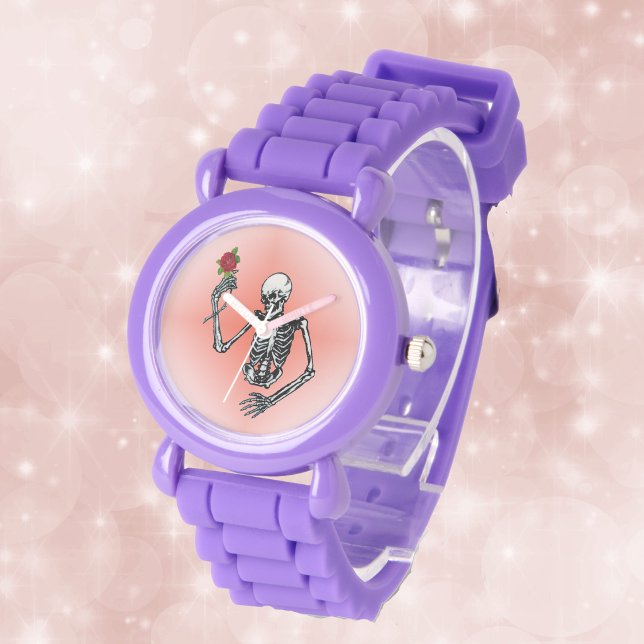 Gothic Skeleton Single Red Rose Watch (Skeleton holding up a single red rose on red fading to pink background on wrist watch.)