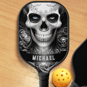 Gothic Skeleton Skull Black & White Name Pickleball Paddle