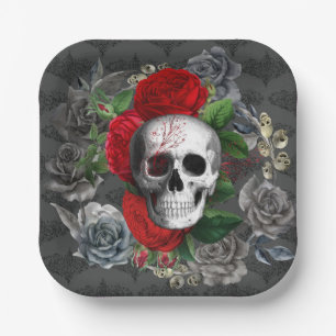Gothic Skeleton Skull Red Roses Grey Floral  Paper Plate
