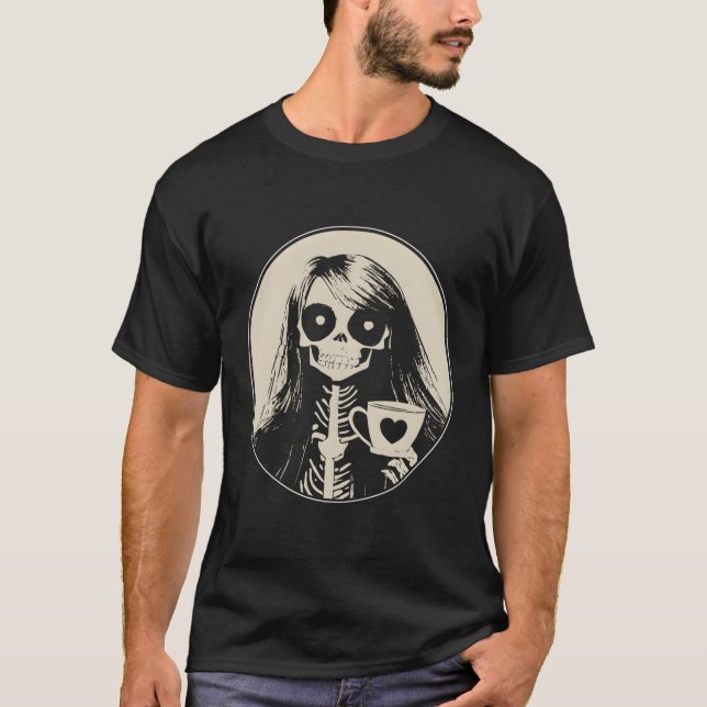 Gothic Skeleton With Coffee T-Shirt (Front)