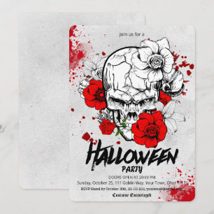 Gothic Sketch Skull Red Rose Halloween Party Invitation